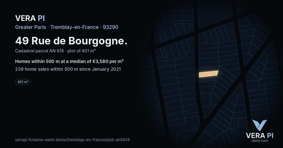 49 Rue de Bourgogne, Tremblay-en-France at night – the plot lit, the parcels around coloured by the prices near them