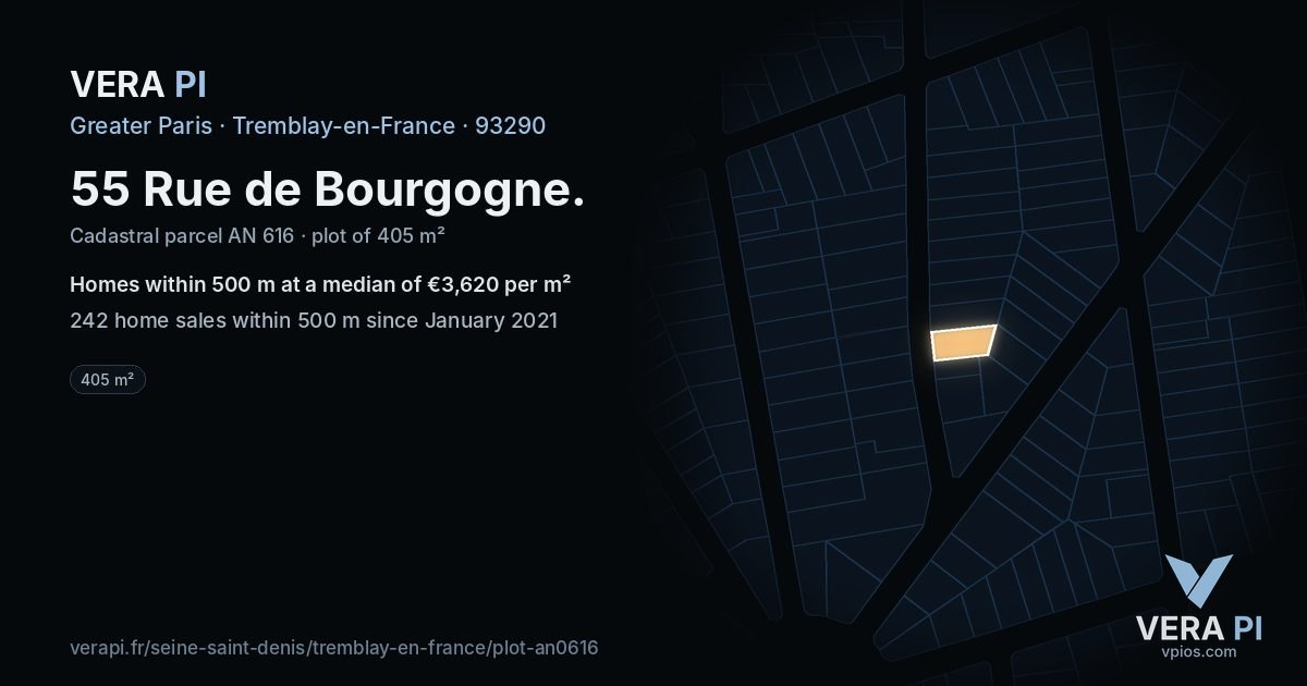 55 Rue de Bourgogne, Tremblay-en-France at night – the plot lit, the parcels around coloured by the prices near them