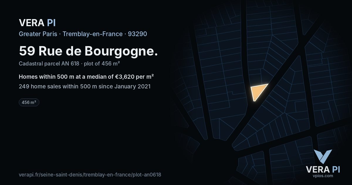 59 Rue de Bourgogne, Tremblay-en-France at night – the plot lit, the parcels around coloured by the prices near them