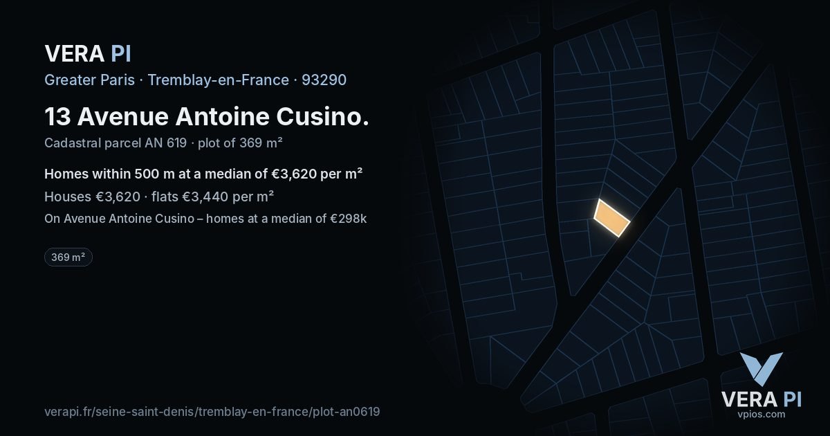 13 Avenue Antoine Cusino, Tremblay-en-France at night – the plot lit, the parcels around coloured by the prices near them