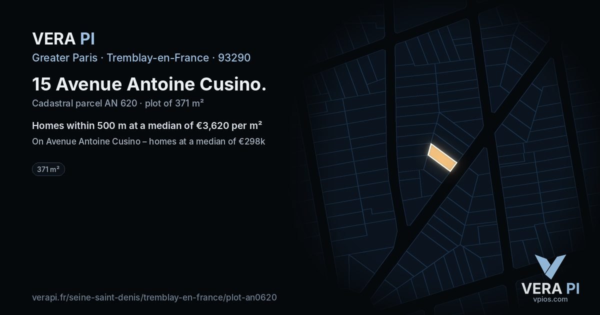 15 Avenue Antoine Cusino, Tremblay-en-France at night – the plot lit, the parcels around coloured by the prices near them