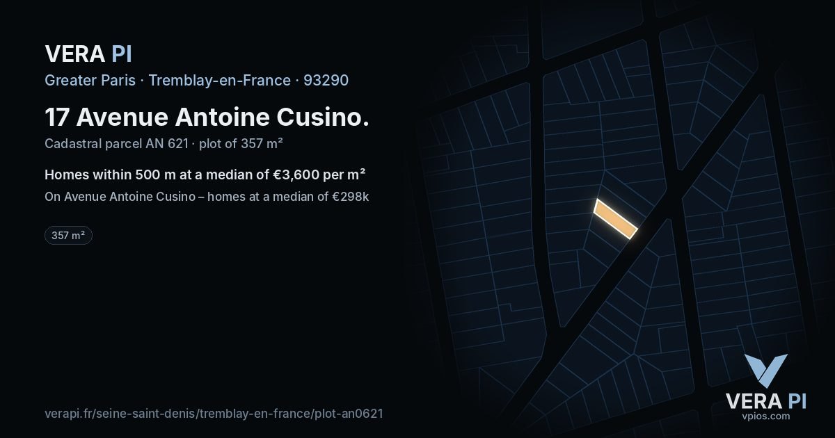 17 Avenue Antoine Cusino, Tremblay-en-France at night – the plot lit, the parcels around coloured by the prices near them