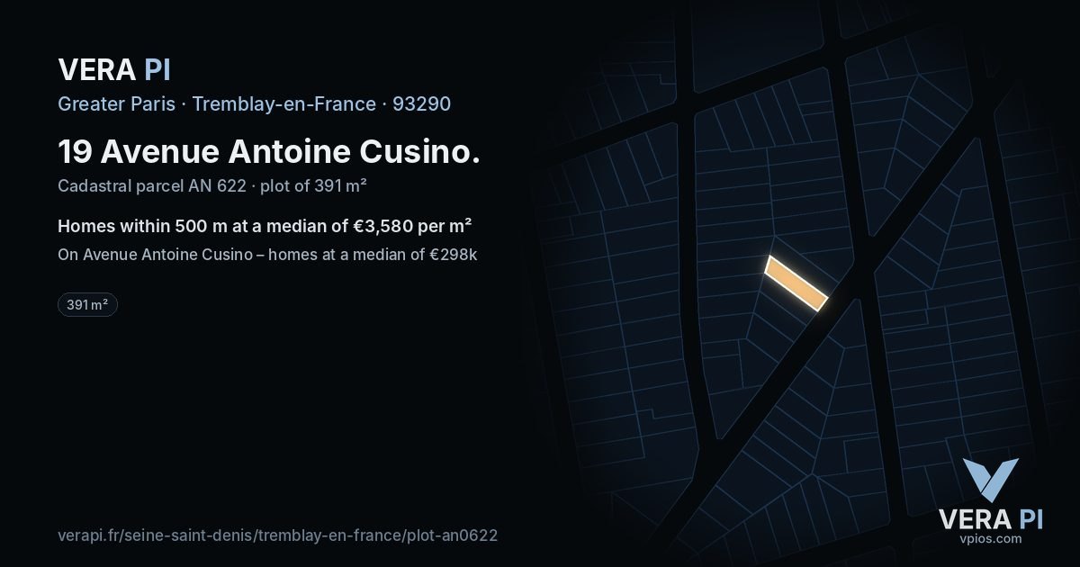 19 Avenue Antoine Cusino, Tremblay-en-France at night – the plot lit, the parcels around coloured by the prices near them