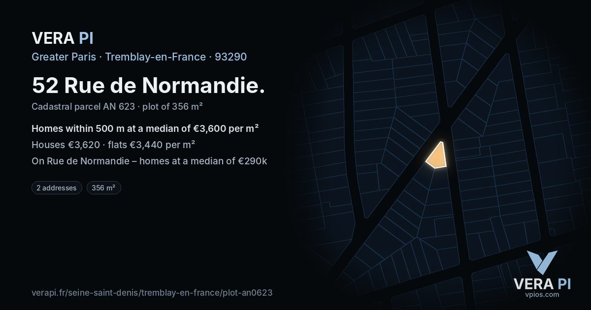 52 Rue de Normandie, Tremblay-en-France at night – the plot lit, the parcels around coloured by the prices near them