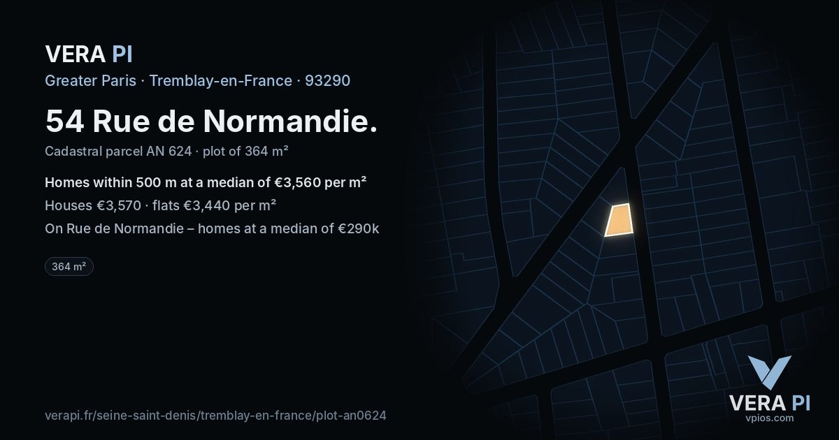 54 Rue de Normandie, Tremblay-en-France at night – the plot lit, the parcels around coloured by the prices near them