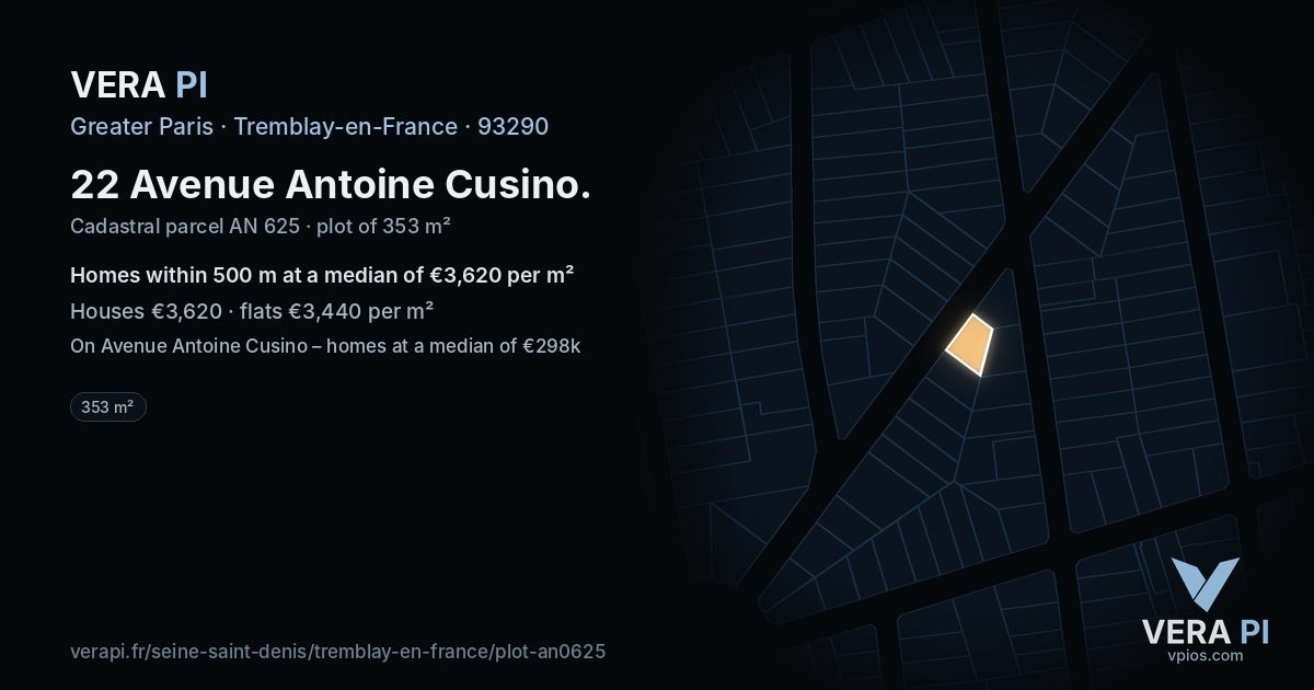 22 Avenue Antoine Cusino, Tremblay-en-France at night – the plot lit, the parcels around coloured by the prices near them