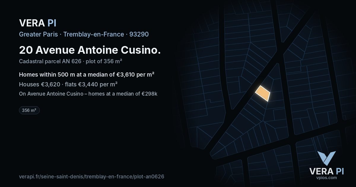 20 Avenue Antoine Cusino, Tremblay-en-France at night – the plot lit, the parcels around coloured by the prices near them