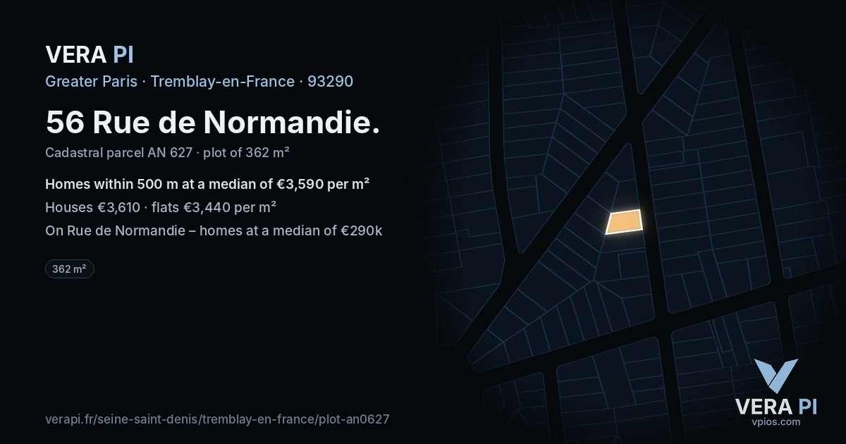56 Rue de Normandie, Tremblay-en-France at night – the plot lit, the parcels around coloured by the prices near them
