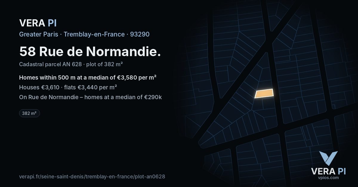 58 Rue de Normandie, Tremblay-en-France at night – the plot lit, the parcels around coloured by the prices near them