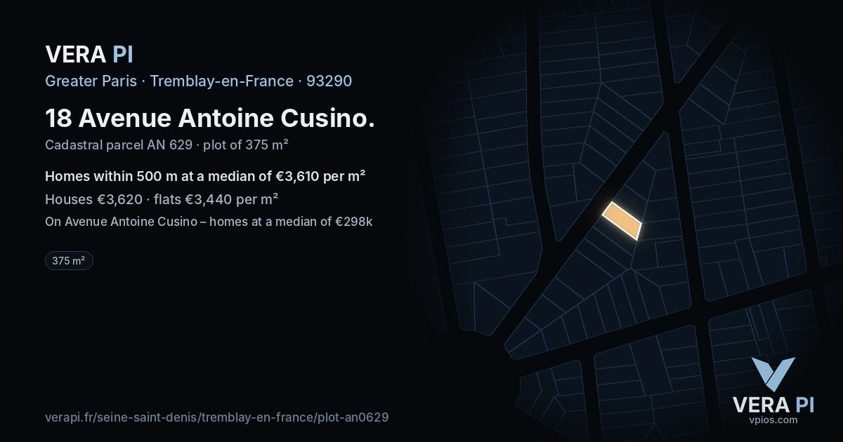 18 Avenue Antoine Cusino, Tremblay-en-France at night – the plot lit, the parcels around coloured by the prices near them
