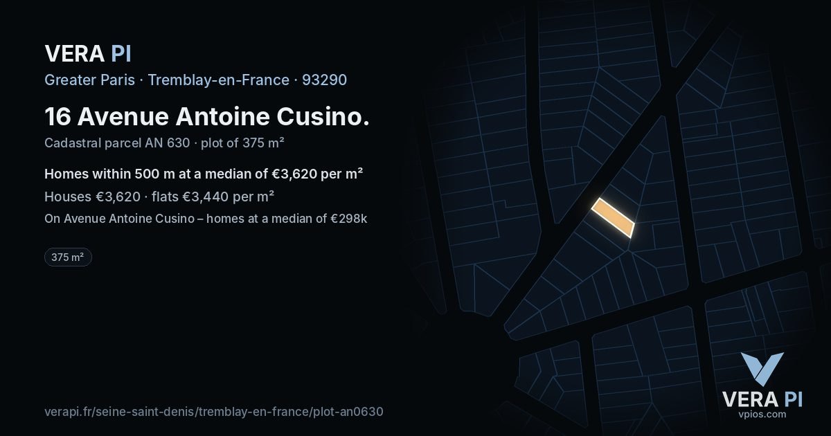 16 Avenue Antoine Cusino, Tremblay-en-France at night – the plot lit, the parcels around coloured by the prices near them