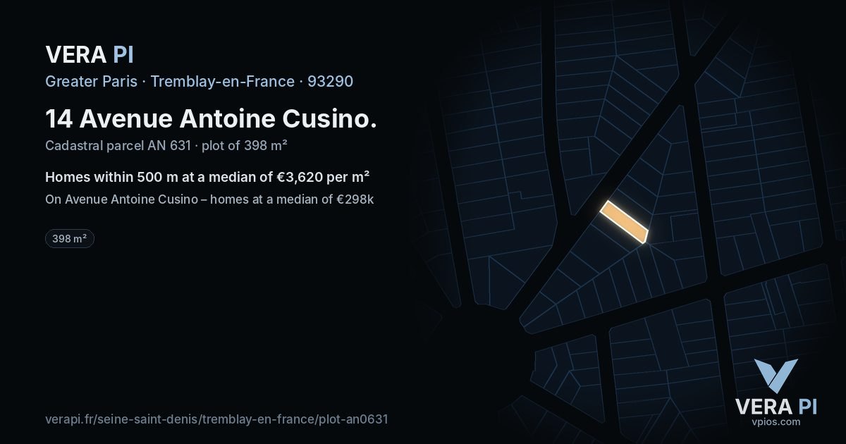 14 Avenue Antoine Cusino, Tremblay-en-France at night – the plot lit, the parcels around coloured by the prices near them