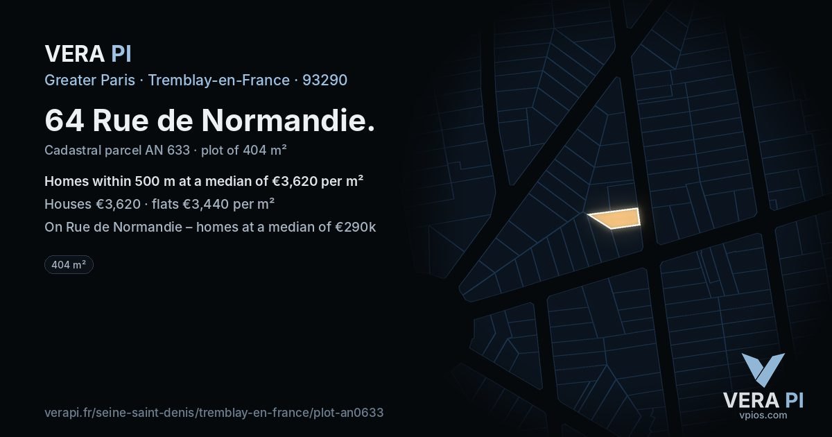 64 Rue de Normandie, Tremblay-en-France at night – the plot lit, the parcels around coloured by the prices near them
