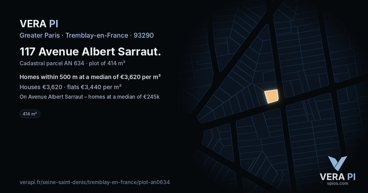 117 Avenue Albert Sarraut, Tremblay-en-France at night – the plot lit, the parcels around coloured by the prices near them