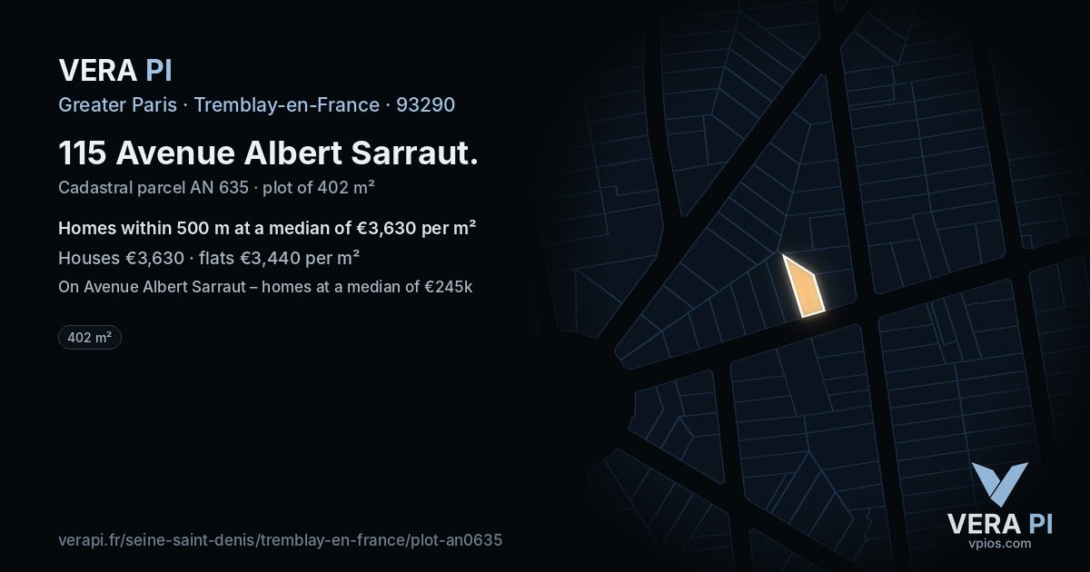115 Avenue Albert Sarraut, Tremblay-en-France at night – the plot lit, the parcels around coloured by the prices near them