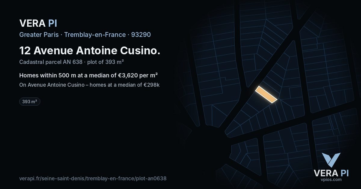 12 Avenue Antoine Cusino, Tremblay-en-France at night – the plot lit, the parcels around coloured by the prices near them