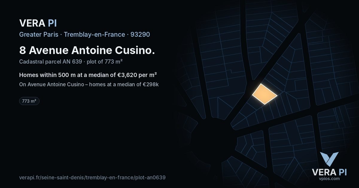 8 Avenue Antoine Cusino, Tremblay-en-France at night – the plot lit, the parcels around coloured by the prices near them