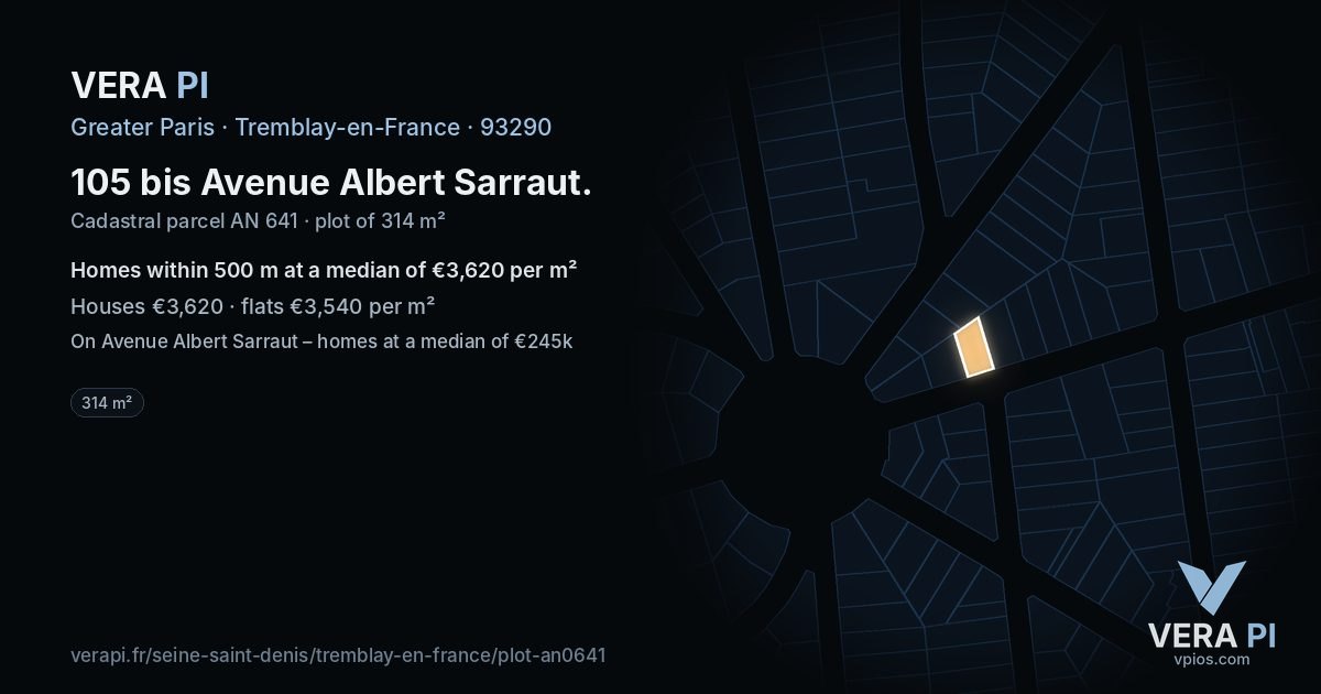 105 bis Avenue Albert Sarraut, Tremblay-en-France at night – the plot lit, the parcels around coloured by the prices near them