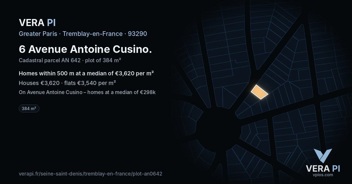 6 Avenue Antoine Cusino, Tremblay-en-France at night – the plot lit, the parcels around coloured by the prices near them