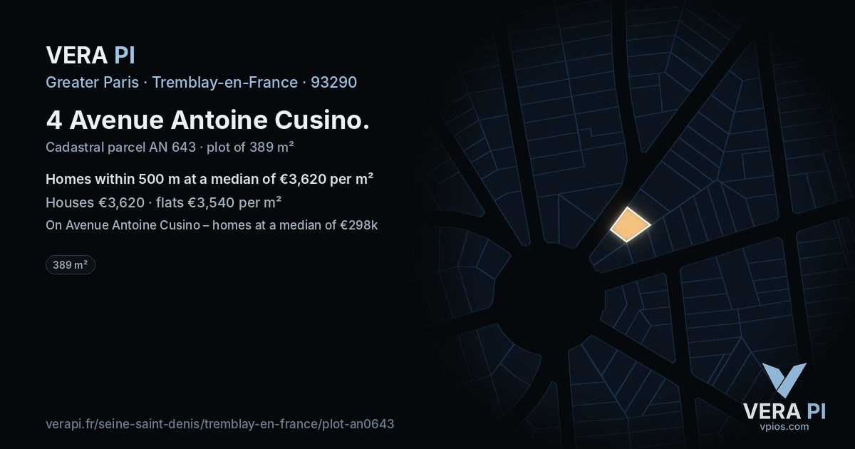 4 Avenue Antoine Cusino, Tremblay-en-France at night – the plot lit, the parcels around coloured by the prices near them
