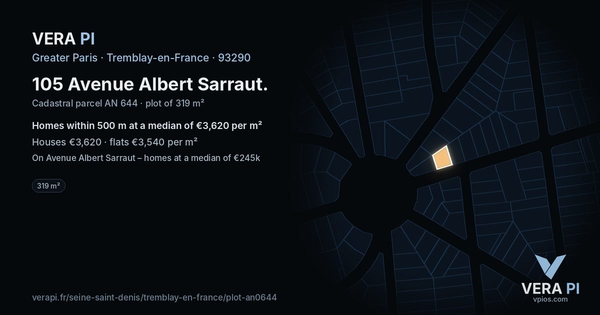 105 Avenue Albert Sarraut, Tremblay-en-France at night – the plot lit, the parcels around coloured by the prices near them