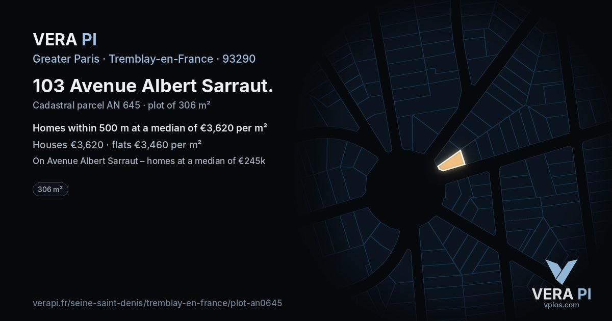 103 Avenue Albert Sarraut, Tremblay-en-France at night – the plot lit, the parcels around coloured by the prices near them