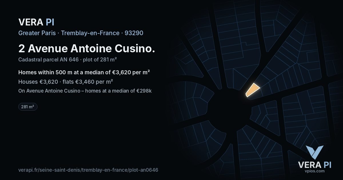 2 Avenue Antoine Cusino, Tremblay-en-France at night – the plot lit, the parcels around coloured by the prices near them