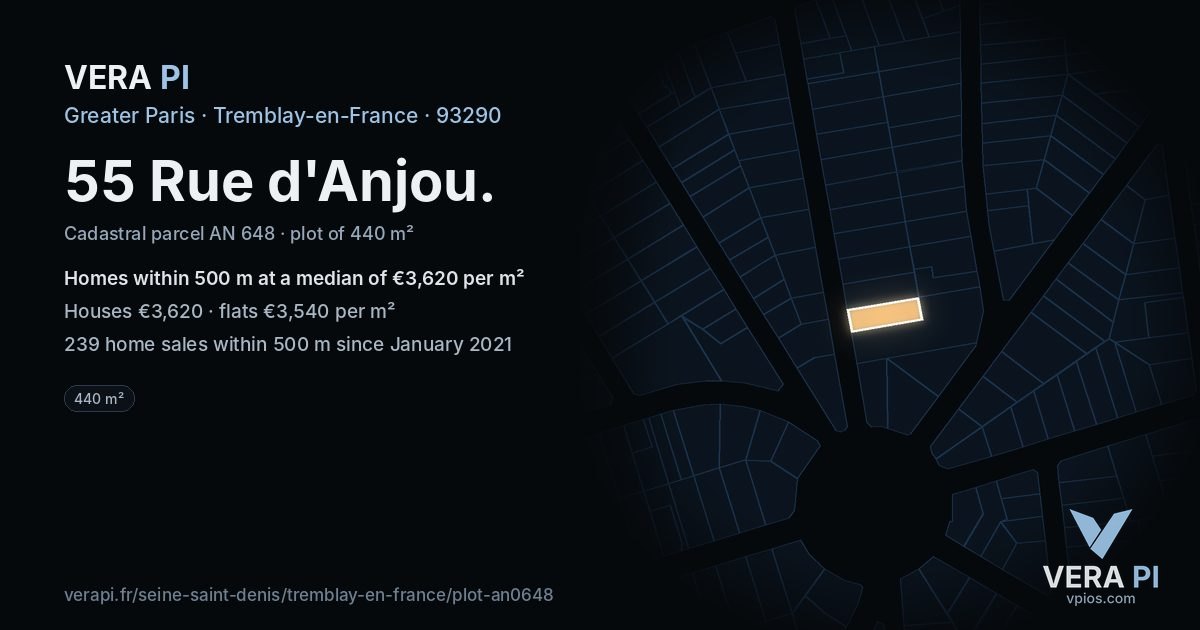 55 Rue d'Anjou, Tremblay-en-France at night – the plot lit, the parcels around coloured by the prices near them