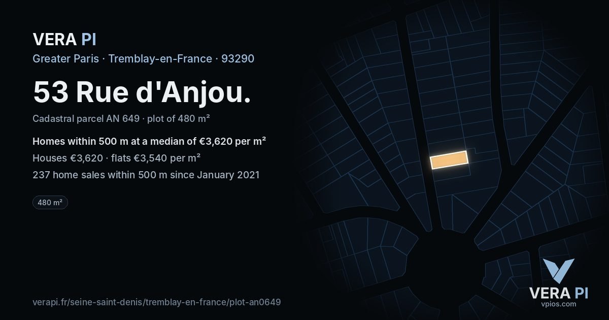 53 Rue d'Anjou, Tremblay-en-France at night – the plot lit, the parcels around coloured by the prices near them