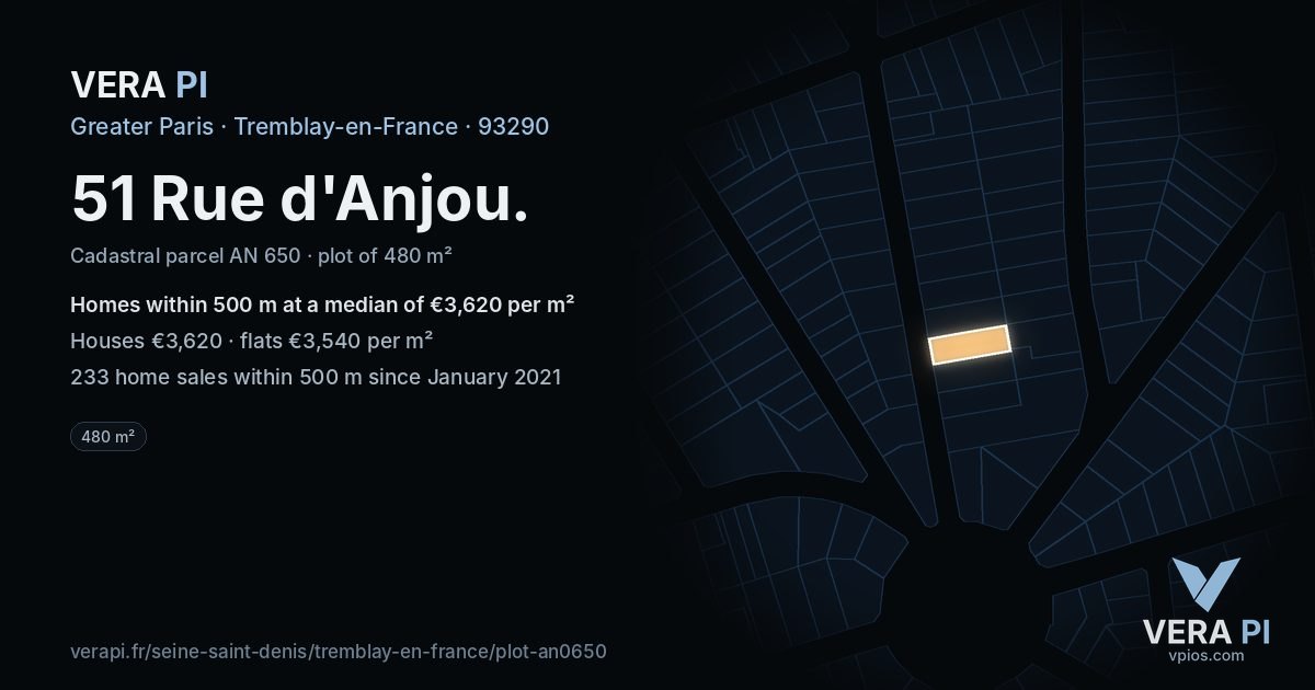 51 Rue d'Anjou, Tremblay-en-France at night – the plot lit, the parcels around coloured by the prices near them