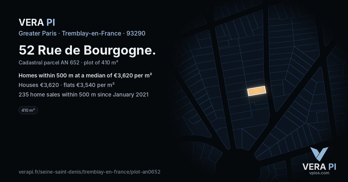 52 Rue de Bourgogne, Tremblay-en-France at night – the plot lit, the parcels around coloured by the prices near them