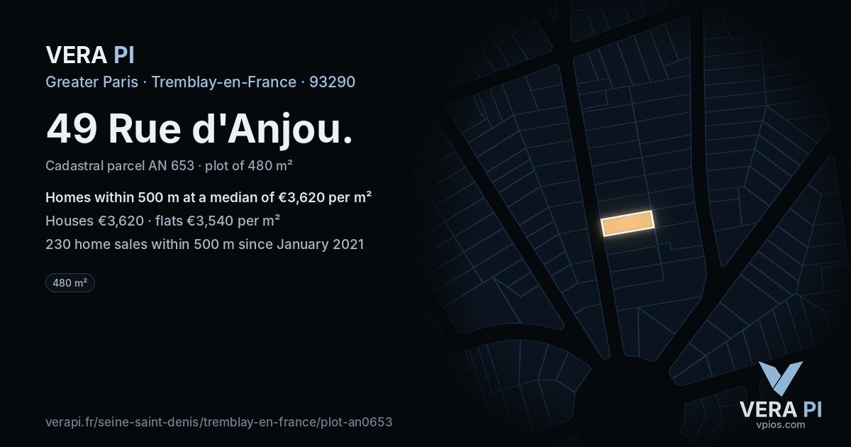 49 Rue d'Anjou, Tremblay-en-France at night – the plot lit, the parcels around coloured by the prices near them