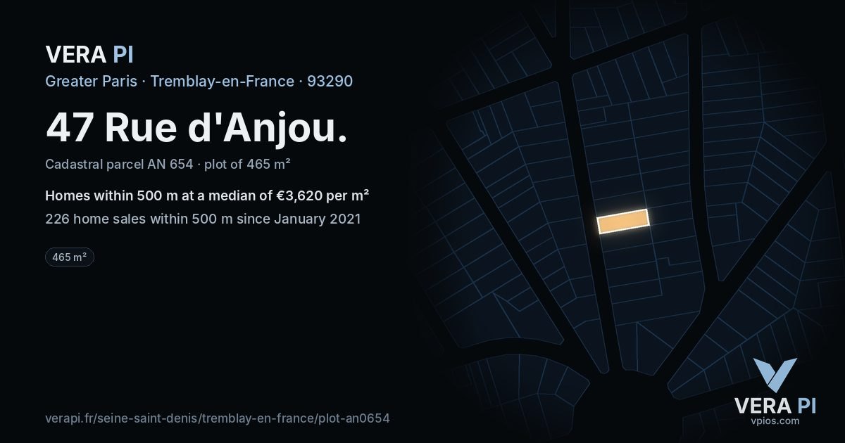 47 Rue d'Anjou, Tremblay-en-France at night – the plot lit, the parcels around coloured by the prices near them