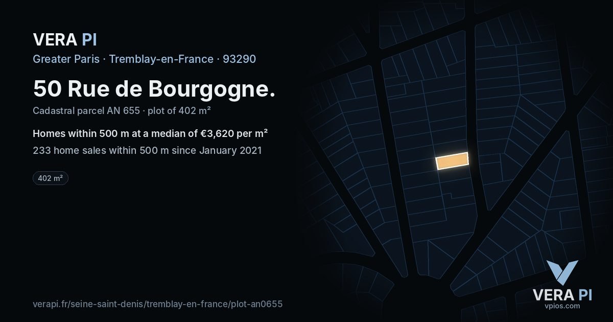 50 Rue de Bourgogne, Tremblay-en-France at night – the plot lit, the parcels around coloured by the prices near them