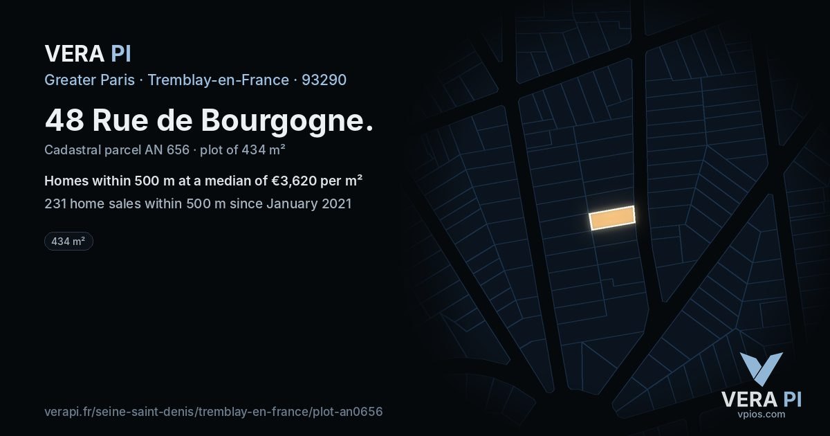 48 Rue de Bourgogne, Tremblay-en-France at night – the plot lit, the parcels around coloured by the prices near them