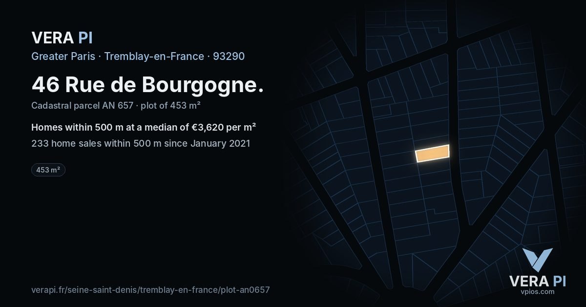 46 Rue de Bourgogne, Tremblay-en-France at night – the plot lit, the parcels around coloured by the prices near them