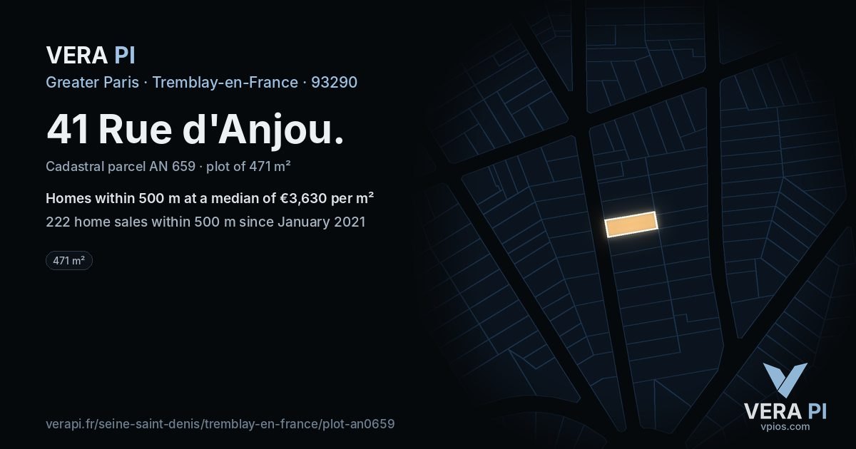 41 Rue d'Anjou, Tremblay-en-France at night – the plot lit, the parcels around coloured by the prices near them