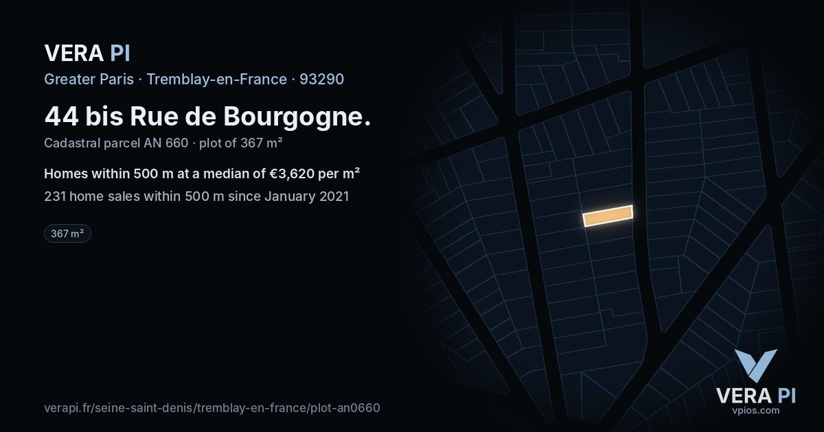 44 bis Rue de Bourgogne, Tremblay-en-France at night – the plot lit, the parcels around coloured by the prices near them