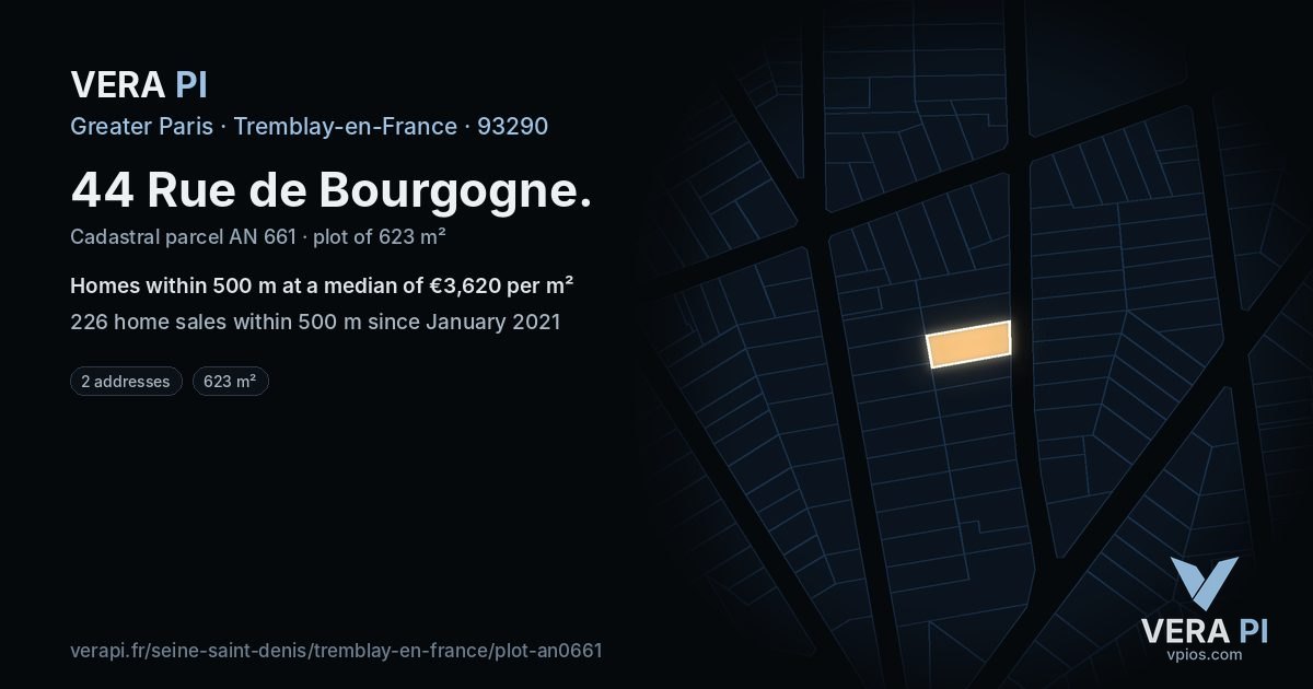 44 Rue de Bourgogne, Tremblay-en-France at night – the plot lit, the parcels around coloured by the prices near them