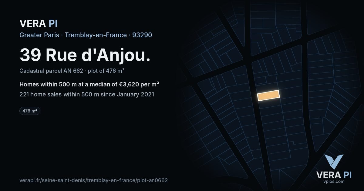 39 Rue d'Anjou, Tremblay-en-France at night – the plot lit, the parcels around coloured by the prices near them