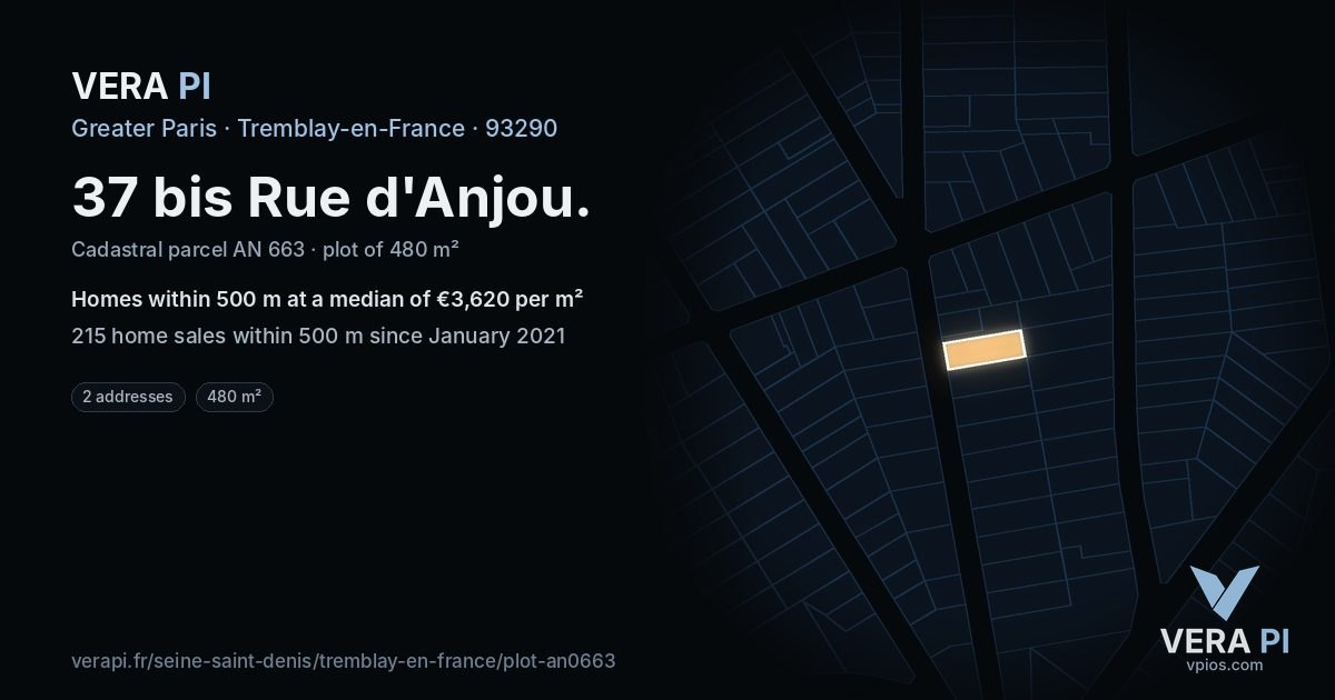 37 bis Rue d'Anjou, Tremblay-en-France at night – the plot lit, the parcels around coloured by the prices near them