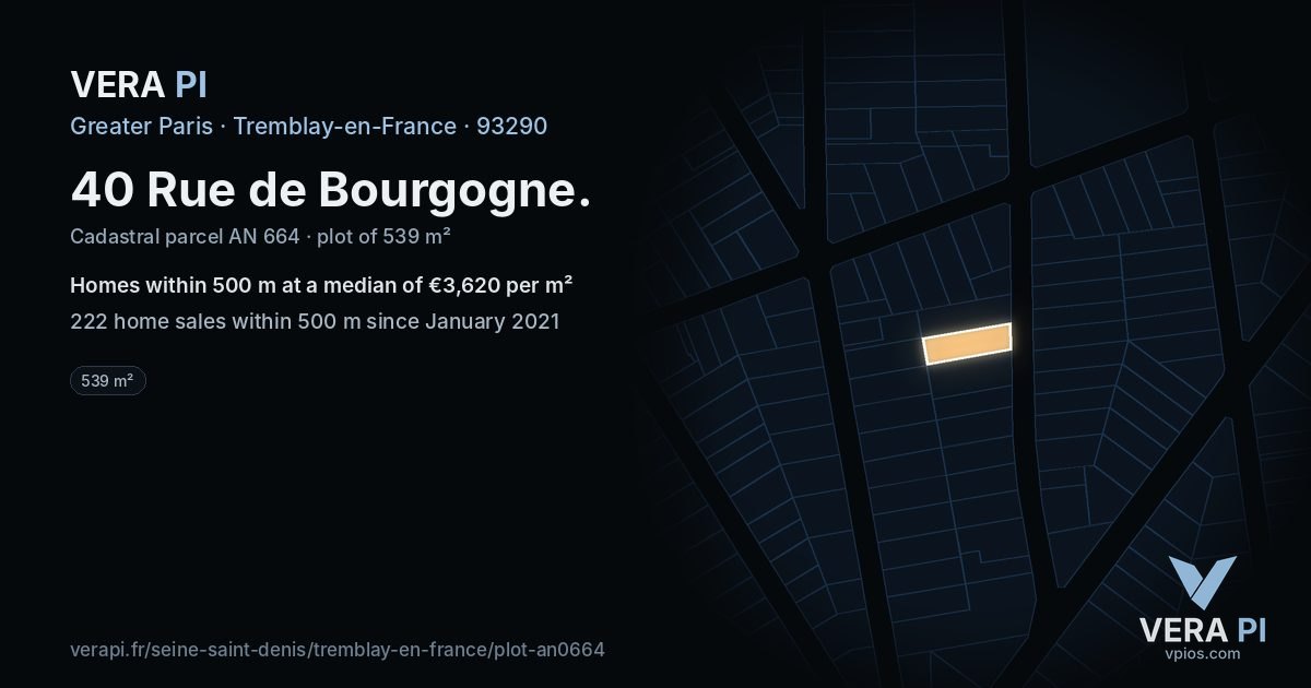 40 Rue de Bourgogne, Tremblay-en-France at night – the plot lit, the parcels around coloured by the prices near them