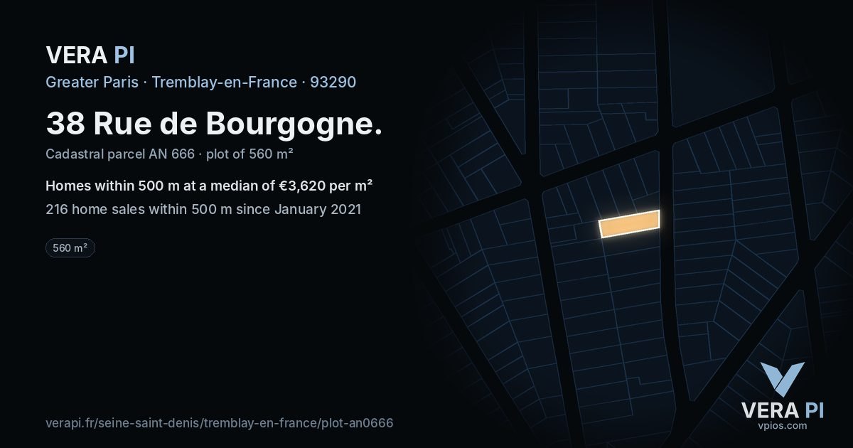 38 Rue de Bourgogne, Tremblay-en-France at night – the plot lit, the parcels around coloured by the prices near them