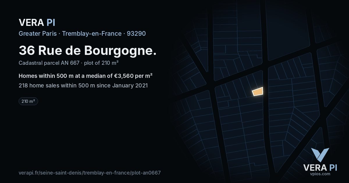 36 Rue de Bourgogne, Tremblay-en-France at night – the plot lit, the parcels around coloured by the prices near them