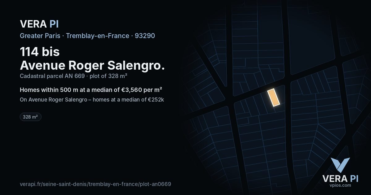 114 bis Avenue Roger Salengro, Tremblay-en-France at night – the plot lit, the parcels around coloured by the prices near them