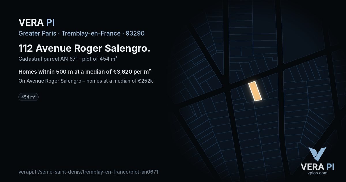 112 Avenue Roger Salengro, Tremblay-en-France at night – the plot lit, the parcels around coloured by the prices near them