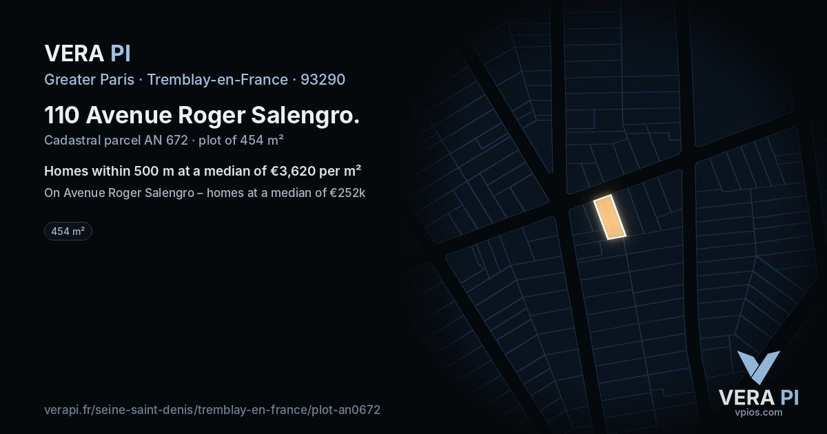 110 Avenue Roger Salengro, Tremblay-en-France at night – the plot lit, the parcels around coloured by the prices near them