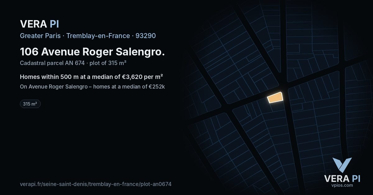 106 Avenue Roger Salengro, Tremblay-en-France at night – the plot lit, the parcels around coloured by the prices near them