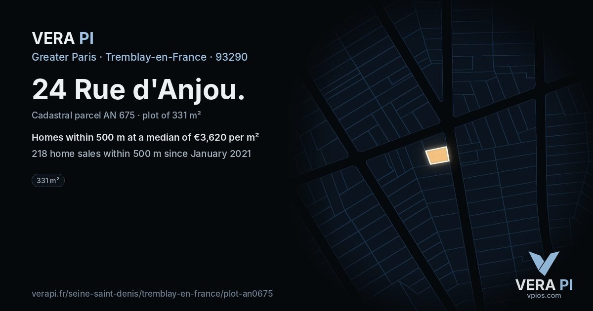 24 Rue d'Anjou, Tremblay-en-France at night – the plot lit, the parcels around coloured by the prices near them