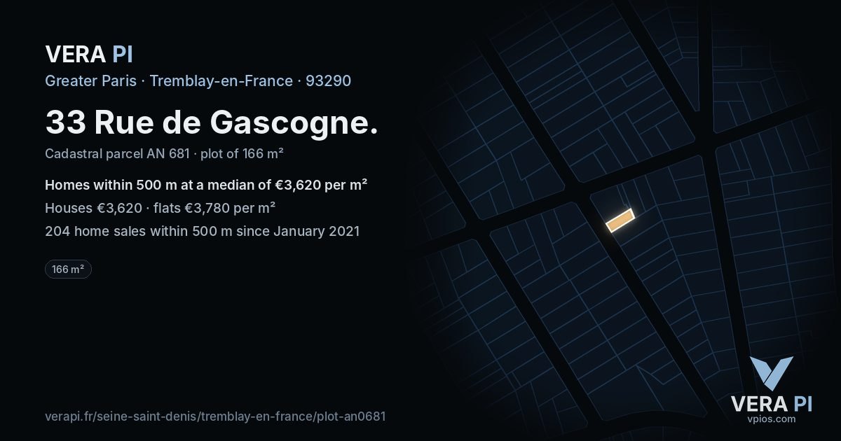 33 Rue de Gascogne, Tremblay-en-France at night – the plot lit, the parcels around coloured by the prices near them